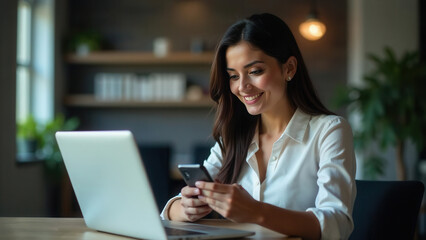 Obraz premium A young businesswoman manager uses a smartphone and laptop in the office, engaging in trading, reading, and working online. Ideal for business, entrepreneurship, and digital tools themes