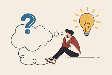Problem solving skill, critical thinking or finding solution to solve problem, answer question, creativity or imagination, businessman on thinking bubble connect question mark to lightbulb solution.