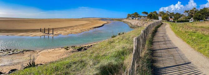 pedestrian path on the seaside in the nature reserve of the beautiful henriette in vendee, faute sur mer ,  france