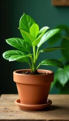 Green plant in terracotta pot on rustic wood table, shot, office, photo