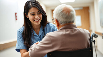 Obraz premium Young nurse helps elderly patient with wheelchair in hospital 