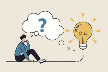 Problem solving skill, critical thinking or finding solution to solve problem, answer question, creativity or imagination, businessman on thinking bubble connect question mark to lightbulb solution.