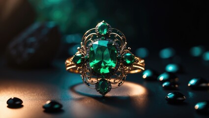 Naklejka premium Emerald jewelry piece featuring black stones in a dimly lit setting.