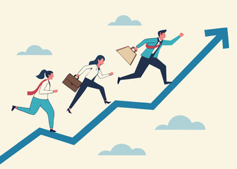 Growth strategy, career path development or growing business, employee training or improvement, job promotion concept, businessman people employees running on career path arrow in rising up direction.