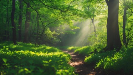 Fototapeta premium Morning light filtering through a vibrant spring forest with rich greenery