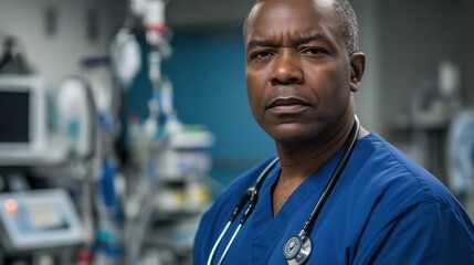 A serious middle-aged Black male doctor stands in a hospital setting, showcasing professionalism and dedication. His confident demeanor reflects a commitment to patient care and medical excellence.