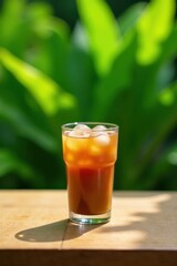 Refreshing Iced Beverage on Wooden Table with Lush Green Background