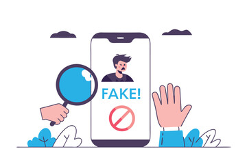 Fake news, false information sharing on social media, hoax or lies censorship, fake website cheating, scam or dishonesty report concept, man magnifying glass on social media as fake news attention.
