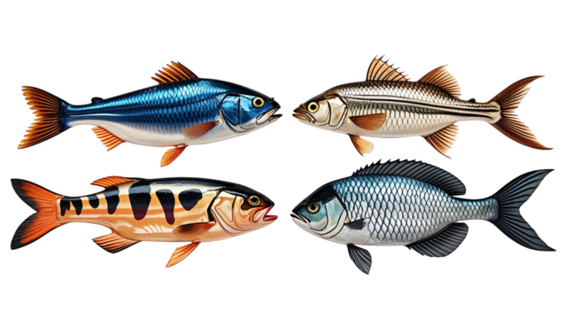 Colorful fish puppets with vibrant scales and fins, whimsical hand puppets designed as playful marine creatures, isolated on transparent background