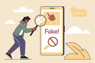 Fake news, false information sharing on social media, hoax or lies censorship, fake website cheating, scam or dishonesty report concept, man magnifying glass on social media as fake news attention.