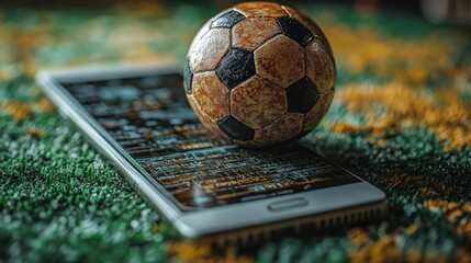 Soccer Betting App: A Worn Ball on a Smartphone Displaying Game Statistics
