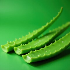 Succulent aloe vera leaves, sliced and whole, arranged on vibrant green , spa, still life