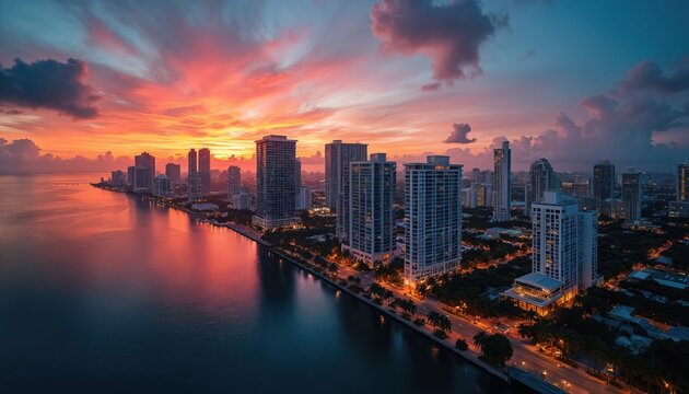 Aerial view of Miami skyline at sunset with vibrant orange sky, clouds over water. City buildings, architecture reflected in sea. Urban landscape with city lights on calm evening. Travel destination. - Powered by Adobe
