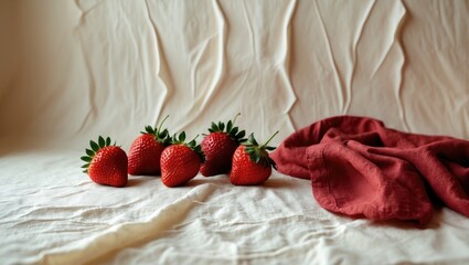Strawberries arranged on a textured light background alongside a red fabric, viewed from the side.