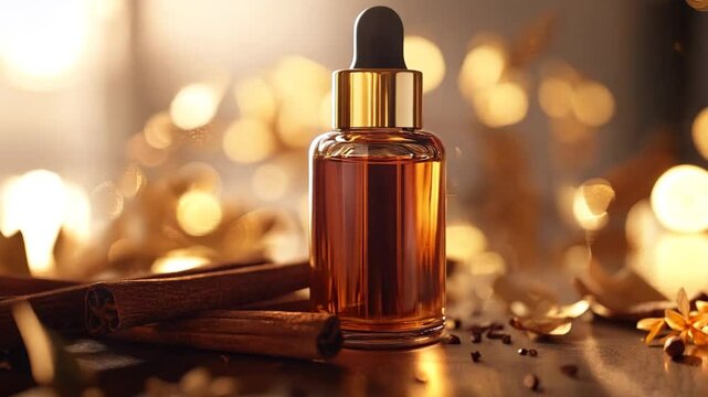 A small glass bottle of cinnamon essential oil with a cork stopper, surrounded by cinnamon sticks on a rustic wooden surface. The warm golden bokeh in the background creates a cozy and inviting 