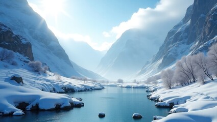 Icy river gorge amid mountain peaks. Winter landscape featuring a snowy river valley. Frost-covered mountains with a flowing river in wintertime.