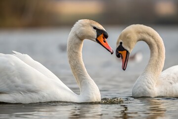 Fototapeta premium Minimalistic photo of a swan looking back at its partner while swimming, extreme close-up highlighting their gaze and elegant neck curves, softly blurred background.