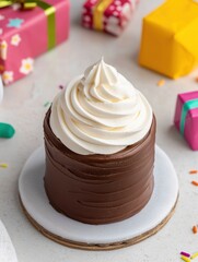 A delicious chocolate cake topped with creamy frosting, surrounded by colorful gift boxes and festive decorations.
