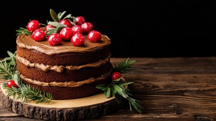 A beautifully decorated chocolate cake topped with red berries and greenery, displayed on a wooden slice against a dark background.