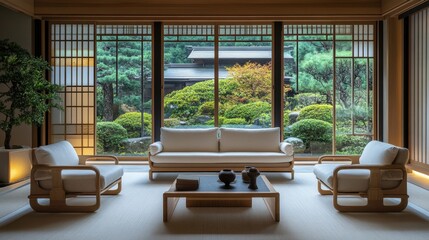 Japandi Minimalist Living Room with Sofa and Armchairs