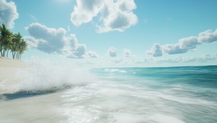Obraz premium Tropical beach scene with waves crashing on the shore, palm trees on the sand, a bright sunny sky with clouds.