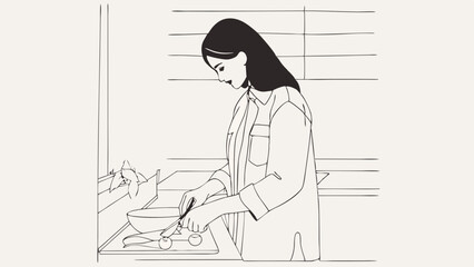Minimalist black and white line art illustration of a woman cooking in the kitchen, elegant and subtle, modern fashion sketch with clean thin lines 