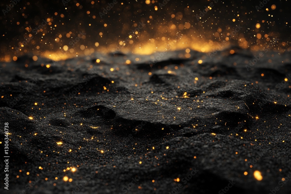 Wall mural 3d rendering of black rocks on the ground, with golden lights shining in space, creating an abstract