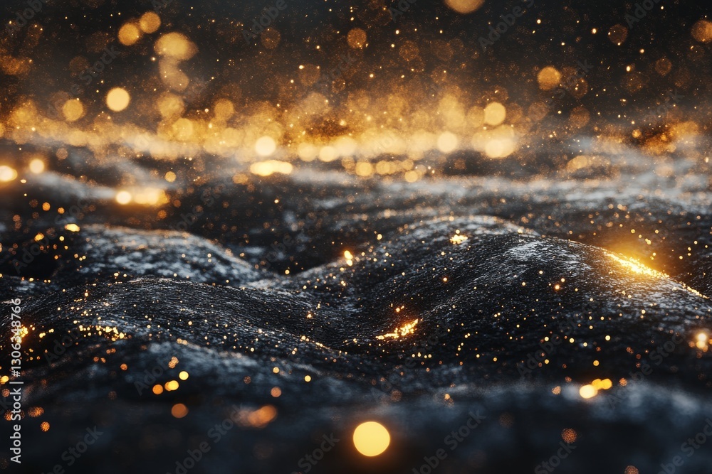 Wall mural 3d rendering of black rocks on the ground, with golden lights shining in space, creating an abstract