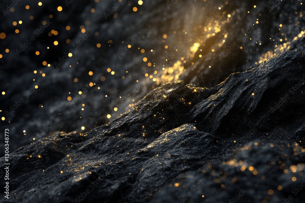 Wall mural 3d rendering of black rocks on the ground, with golden lights shining in space, creating an abstract
