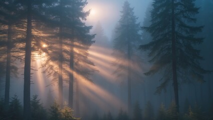 Obraz premium Mysterious ambiance created by sunlight piercing through fog in a spruce forest.