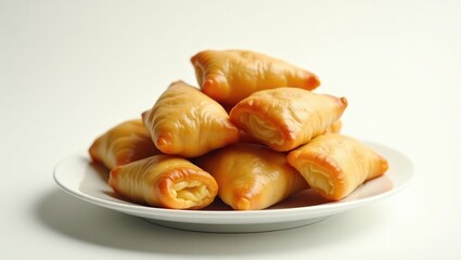 Thai-inspired chicken curry puffs. Arranged on a white background. A collection of chicken curry puffs on a white porcelain plate. Freshly fried pastry snacks filled with chicken, potatoes, and cur...
