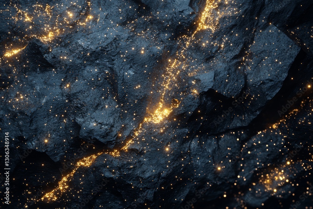 Wall mural 3d rendering of black rocks on the ground, with golden lights shining in space, creating an abstract