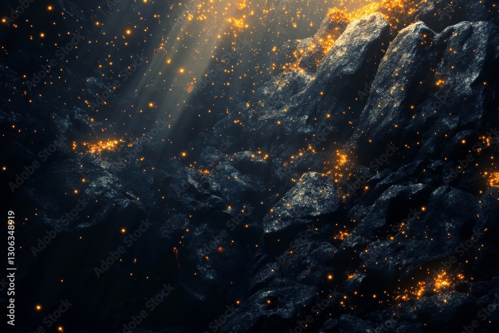 Wall mural 3d rendering of black rocks on the ground, with golden lights shining in space, creating an abstract
