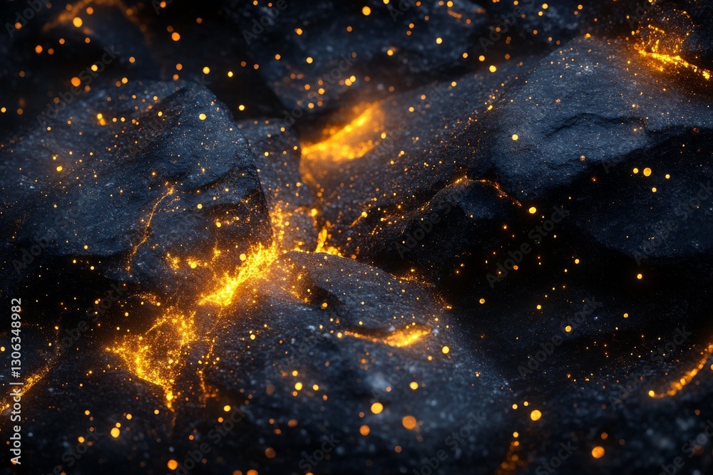Wall mural 3d rendering of black rocks on the ground, with golden lights shining in space, creating an abstract