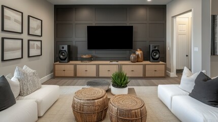 Living room with a wall-mounted TV, sound system, and comfortable seating, emphasizing home entertainment