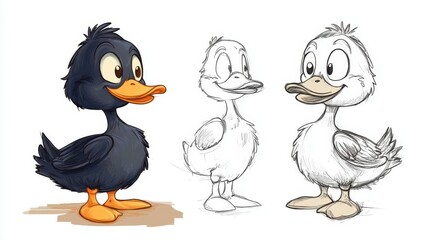 Fototapeta premium Lovely Duck Character in Color and Outline Sketch