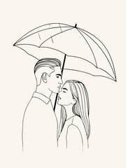 Minimalist black and white line art illustration of a man and woman under an umbrella in the rain, elegant and subtle, modern fashion sketch with clean thin lines