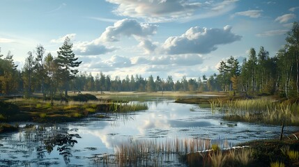 Fototapeta premium Serene Landscape with Calm Water Reflecting Trees and Dramatic Clouds in a Tranquil Setting