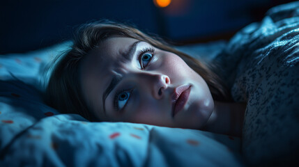 Sleepless woman staring into the night with anxiety