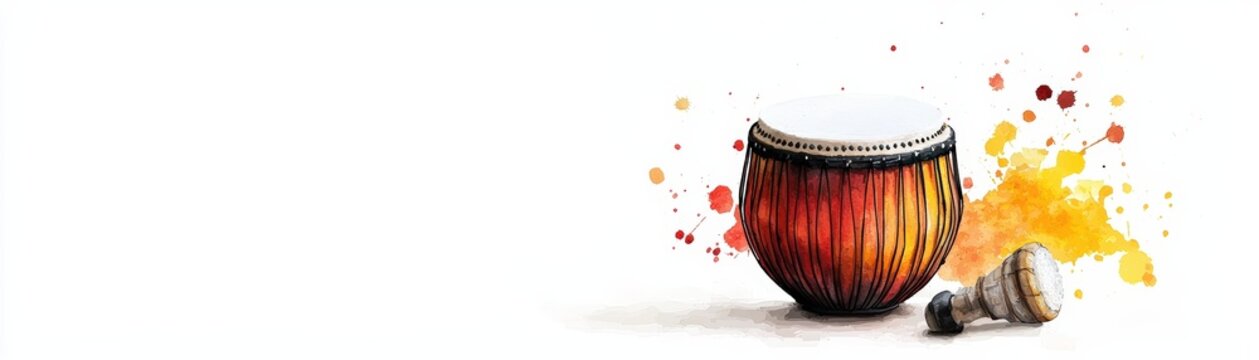 A vibrant hand-drum with artistic splashes of color, perfect for music, cultural themes, and creative projects.
