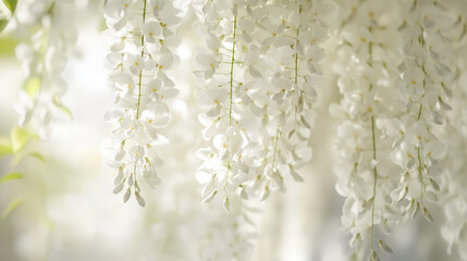 Fototapeta premium A cascade of white wisteria flowers bathed in soft sunlight, evoking a dreamlike, ethereal atmosphere.