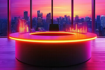 Futuristic office desk with glowing lights and cityscape view. Virtual event tech setup illustrated with sleek glowing