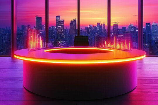 Futuristic office desk with glowing lights and cityscape view. Virtual event tech setup illustrated with sleek glowing