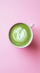 Matcha latte art, pink background, cafe drink