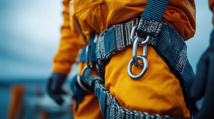Worker in safety harness on deck, blurred sea background, ready for work
