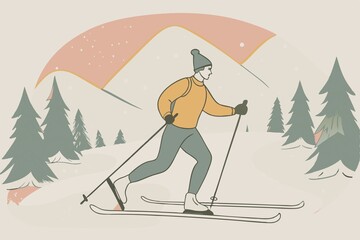 Cross-country skier gliding on the slopes in the forest
