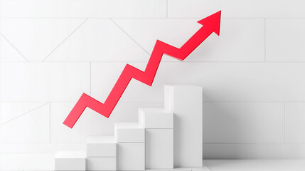 Obraz premium A red arrow on a white background with a ladder in the form of an ascending graph, symbolizing the success or growth of a business
