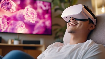 Man enjoys VR, cells on TV, home
