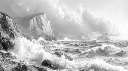 Dramatic coastal cliffs, stormy ocean waves, seagulls flying, cloudy sky, nature print