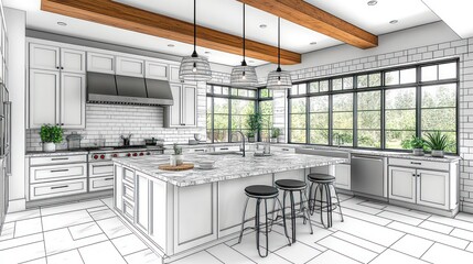 Fototapeta premium Farmhouse kitchen design sketch, interior render, white cabinets, rustic beams, backyard view